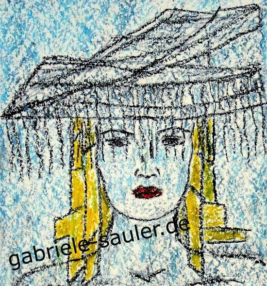 Blonde Frau mit Hut abstrakt moderne Kunst gemalt Oelkreide auf Karton