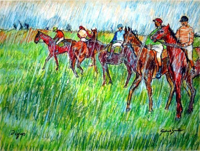 nachgezeichneter edgar degas jockeys im regen ein pferdesprot gemalt von gabriele sauler der kopistin die kunstkopien malt