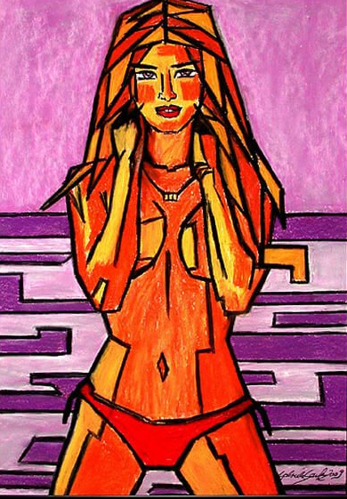 erotik abstrakt malerei als zeichnung kaufen frau hat rote bikinihose an 