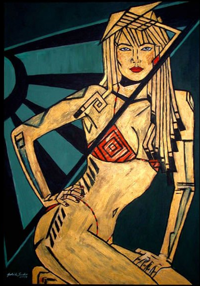 Ein Erotik Bild zeitgenoessisch gemalt eine Kniende hocherotische Frau
