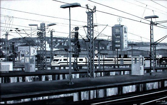 Gemaelde Gleisvorfeld am Stuttgarter Bahnhof im Fotorealismus Stil gemalt in Oel von Gabriele Sauler