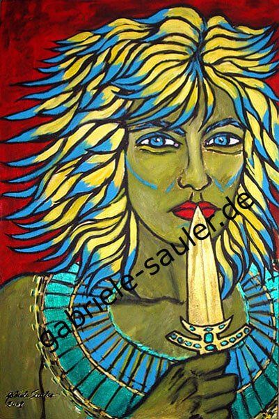 Kriegerin mit Dolch Portrait abstrakt und erotisch gemalt Acryl auf LW