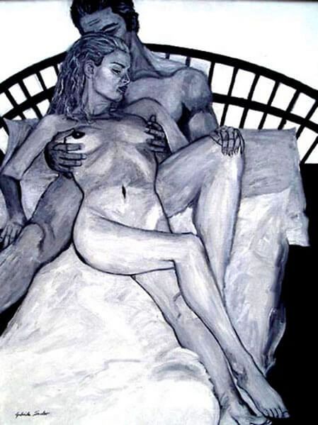 Liebespaar Malerei schwarz weiss auf dem Bett Oel auf Leinwand