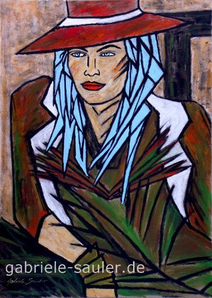 abstrakte und moderne Kunst Frau mit Hut gemalt ein Acrylgemaelde