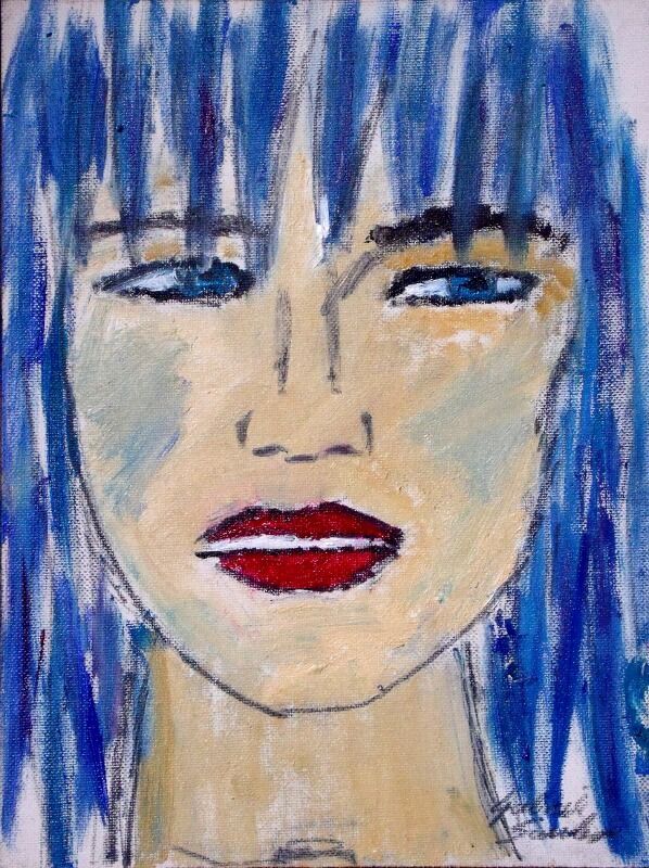 portrait frau schaut ernst haare in blau gefahr droht mit oel gemalt in stuttgart