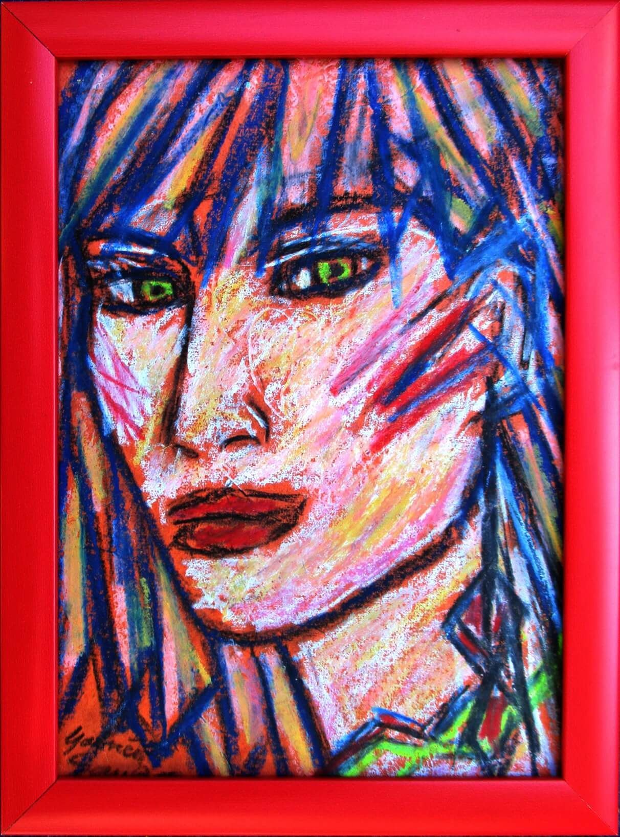 ein in abstrakt gezeichnetes portrait mit blauen haaren