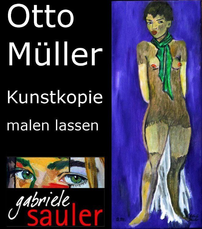 Reproduktion Otto Mueller Akt Stehende mit gruenem Schal vor dunklem Hintergrund Oel auf Leinwand