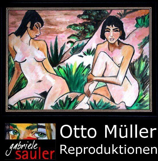 Kujau Meisterschuelerin malt Reproduktion Otto Mueller zwei sitzende Maedchen Duenen Gemaelde in museumsqualitaet von der Kopistin Gabriele Sauler von Baden Wuerttemberg gemalt