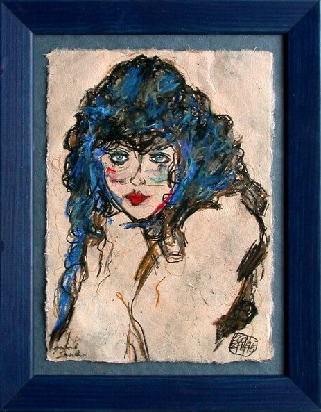 Kujau Meisterschuelerin malt Reproduktion Egon Schiele Frau mit blau schwarzem Haare Gemaelde in museumsqualitaet von der Kopistin Gabriele Sauler
