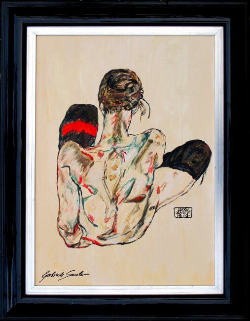Reproduktion Egon Schiele Sitzender weiblicher Rueckenakt mit rotem Strumpfband  als Auftragsarbeit von Kopistin Gabriele Sauler