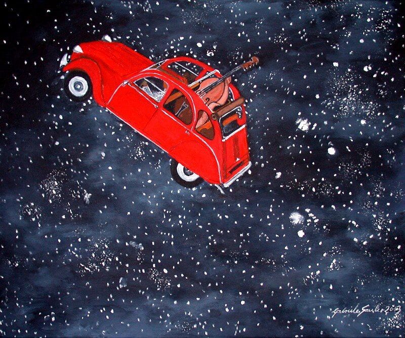 surrealismus bilder schwebendes auto ein ente die fliegt durch den himmel und sterne mit instrument