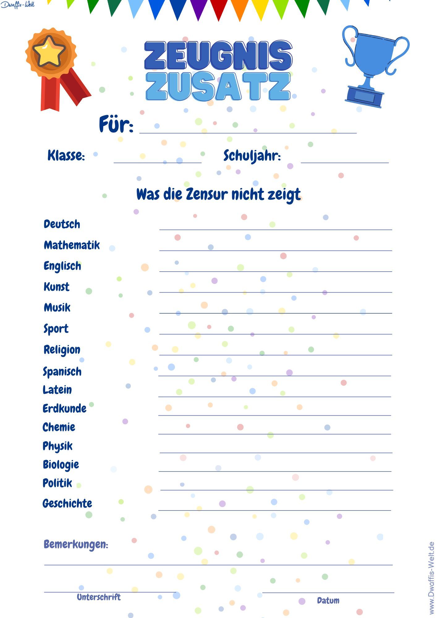 Ein Zeugnis Zusatz für Kinder. Sie leisten so viel mehr in der Schule als Zensuren es sagen. Zeit es ihnen zu zeigen und die Leistung anzuerkennen. Kinder motivieren und stärken heißt es.