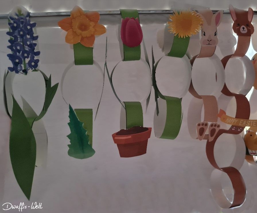 Basteln mit Kindern, Kettenfiguren für Ostern und Frühling basteln. Mit der Vorlage geht es schnell und einfach. Tolle Deko.