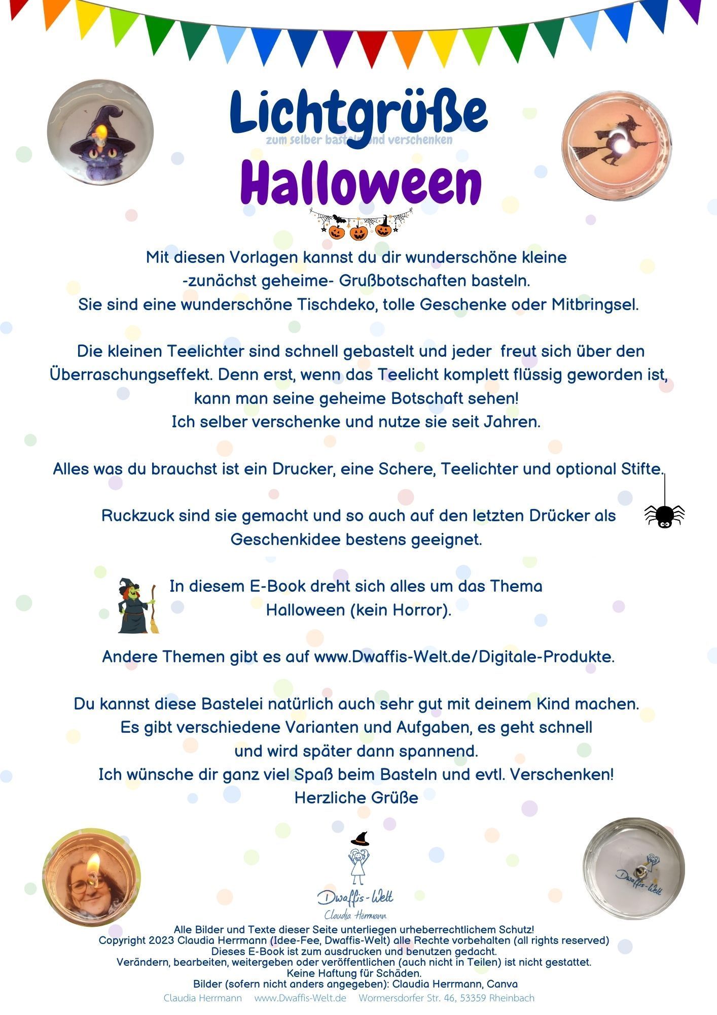 Lichtgrüße Halloween. Mit diesen Vorlagen kannst du dir wunderschöne kleine -zunächst geheime- Grußbotschaften basteln. Sie sind eine wunderschöne Tischdeko, tolle Geschenke oder Mitbringsel. Die kleinen Teelichter sind schnell gebastelt und jeder freut sich über den Überraschungseffekt. Denn erst, wenn das Teelicht komplett flüssig geworden ist, kann man seine geheime Botschaft sehen! Ich selber verschenke und nutze sie seit Jahren. Alles was du brauchst ist ein Drucker, eine Schere, Teelichter und optional Stifte. Ruckzuck sind sie gemacht und so auch auf den letzten Drücker als Geschenkidee bestens geeignet. In diesem E-Book dreht sich alles um Halloween, für Kinder - gruslig aber ohne Horror. Alle anderen Jahreszeiten fondest du unter digitalen Produkten. Du kannst diese Bastelei natürlich auch sehr gut mit deinem Kind machen. Es gibt verschiedene Varianten und Aufgaben, es geht schnell und wird später dann spannend. Ich wünsche dir ganz viel Spaß beim Basteln und evtl. Verschenken! Nie wieder langweilige Teelichter! Aus teelicht wird Lichtgruß. Die tolle Aufreiß-Geschenkverpackung- eignet sich nicht nut für Lichtgrüße, sondern auch für KLeinigeten, Geschenke, Mitbringsel, Süsigkeiten. Jetzt auch mit Motiv!