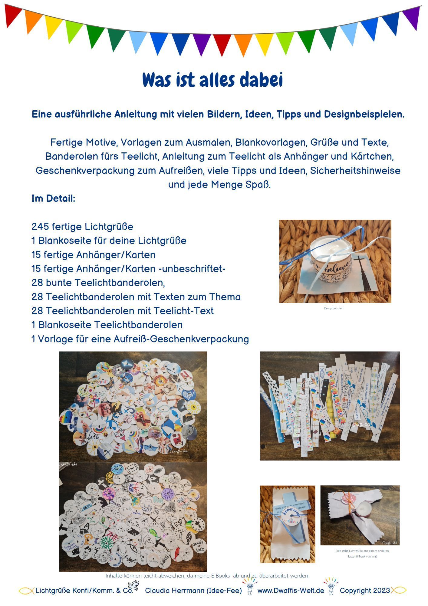Was ist alles im E-Book Lichtgrüße Liebe/Valentin enthalten? Eine ausführliche Anleitung mit vielen Bildern und Designbeispielen. Blankovorlagen, Vorlagen zum Ausmalen, fertige Motive, Grüße und Texte, Banderolen fürs Teelicht, Anleitung zum Teelicht als Anhänger und Kärtchen, viele Tipps und Ideen, Sicherheitshinweise und jede Menge Spaß. Im Detail: 175 fertige Lichtgrüße 1 Blankoseite für deine Lichtgrüße 21 fertige Anhänger/Karten 21 fertige Anhänger/Karten -unbeschriftet- für deine Botschaft 28 bunte Teelichtbanderolen, 28 Teelichtbanderolen mit Text 1 Blankoseite Teelichtbanderolen 1 Vorlage für eine Geschenkverpackung