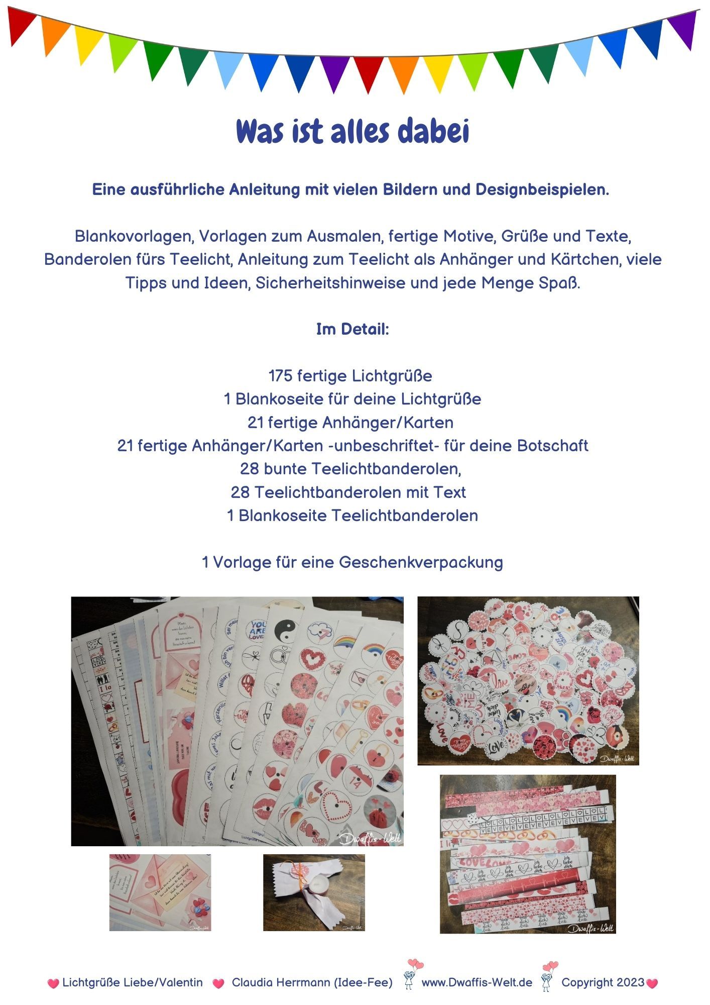 Was ist alles im E-Book Lichtgrüße Liebe/Valentin enthalten? Eine ausführliche Anleitung mit vielen Bildern und Designbeispielen. Blankovorlagen, Vorlagen zum Ausmalen, fertige Motive, Grüße und Texte, Banderolen fürs Teelicht, Anleitung zum Teelicht als Anhänger und Kärtchen, viele Tipps und Ideen, Sicherheitshinweise und jede Menge Spaß. Im Detail: 175 fertige Lichtgrüße 1 Blankoseite für deine Lichtgrüße 21 fertige Anhänger/Karten 21 fertige Anhänger/Karten -unbeschriftet- für deine Botschaft 28 bunte Teelichtbanderolen, 28 Teelichtbanderolen mit Text 1 Blankoseite Teelichtbanderolen 1 Vorlage für eine Geschenkverpackung