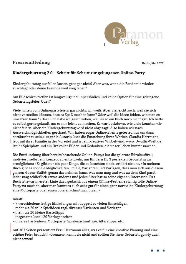 Pressemitteilung zum Buch KIndergeburtstag 2.0 - Online feiern mit Spaßfaktor.