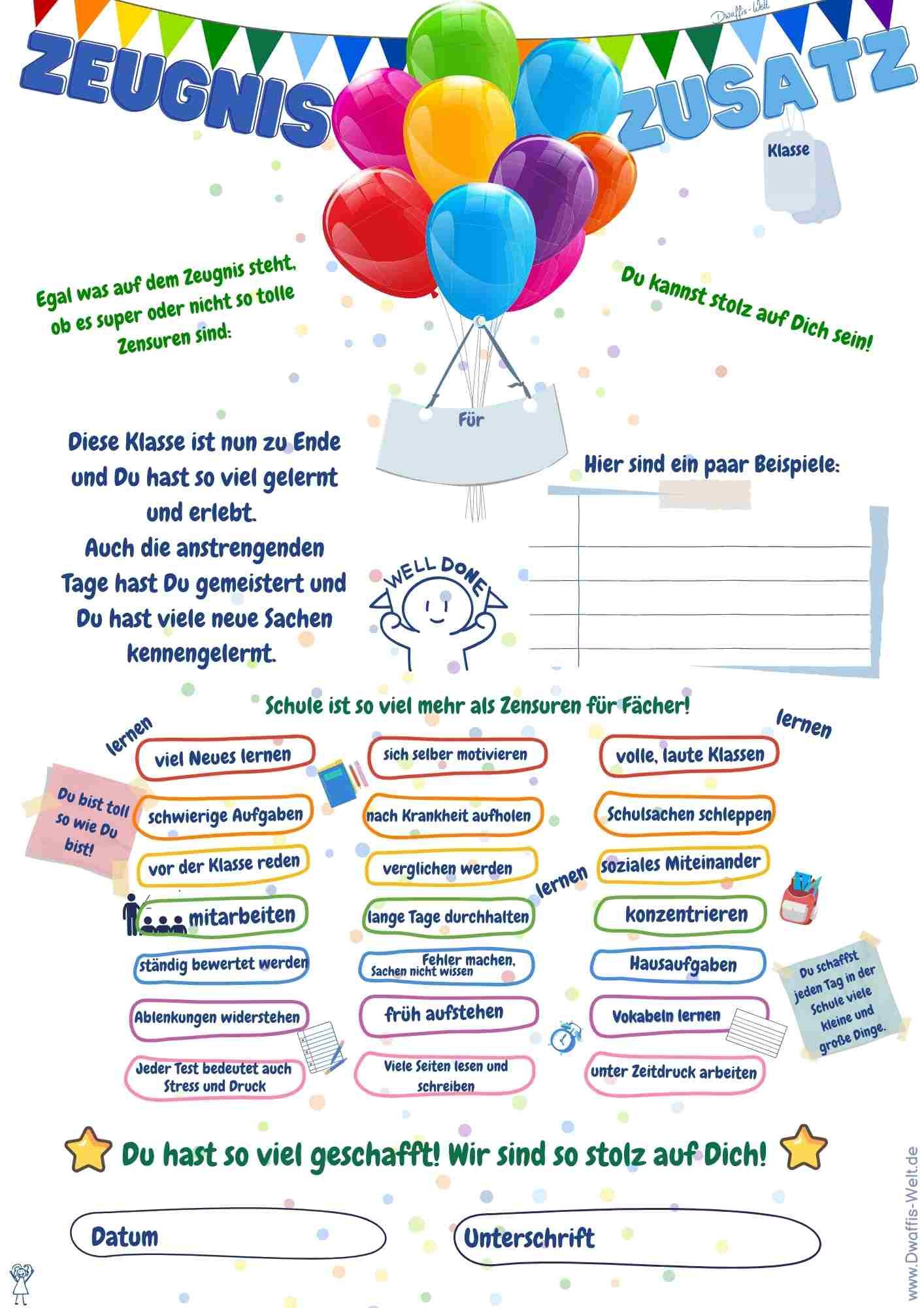 Ein Zeugnis Zusatz für Kinder. Sie leisten so viel mehr in der Schule als Zensuren es sagen. Zeit es ihnen zu zeigen und die Leistung anzuerkennen. Kinder motivieren und stärken heißt es.