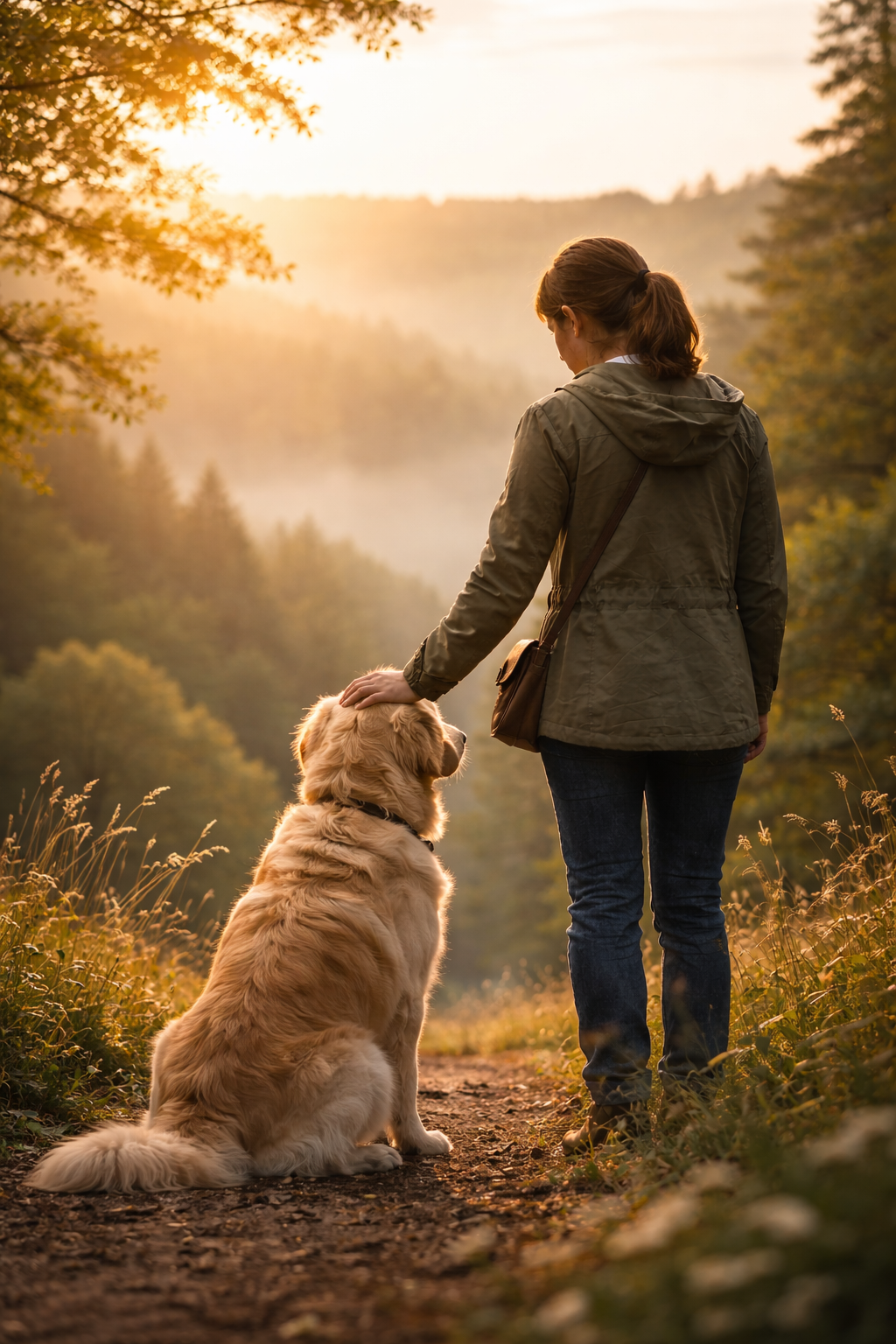 Frau, die ihren Hund sanft über den Kopf streicht