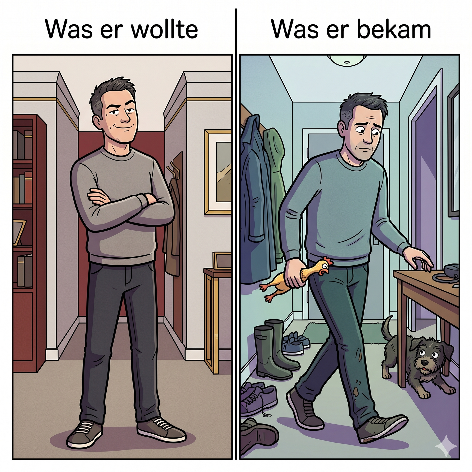 Cartoon-Bild. Was er wollte und was er bekam.