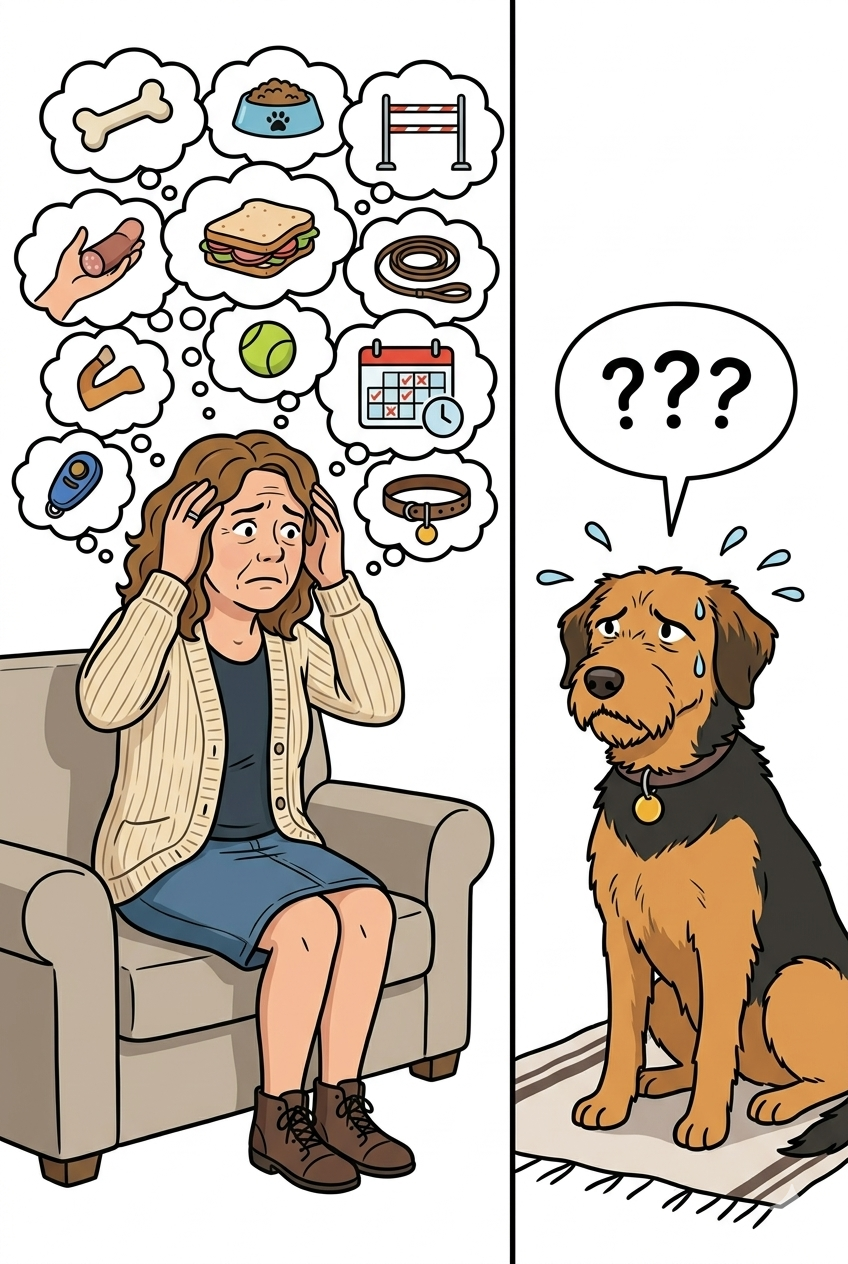 Comicstil mit einer überforderten Frau und Hund.