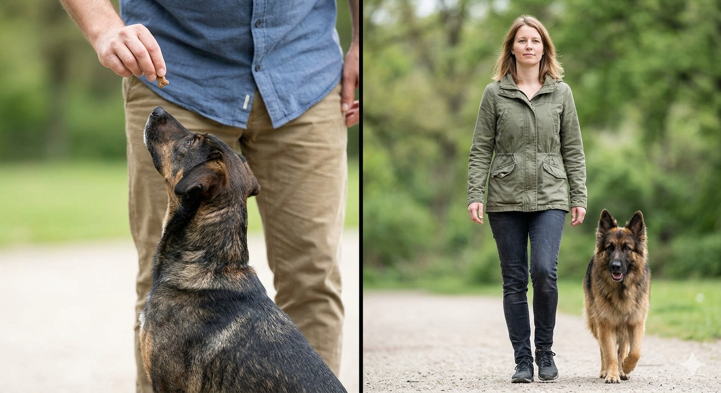 2 Menschen im unterschiedlichen Miteinander mit ihren Hunden