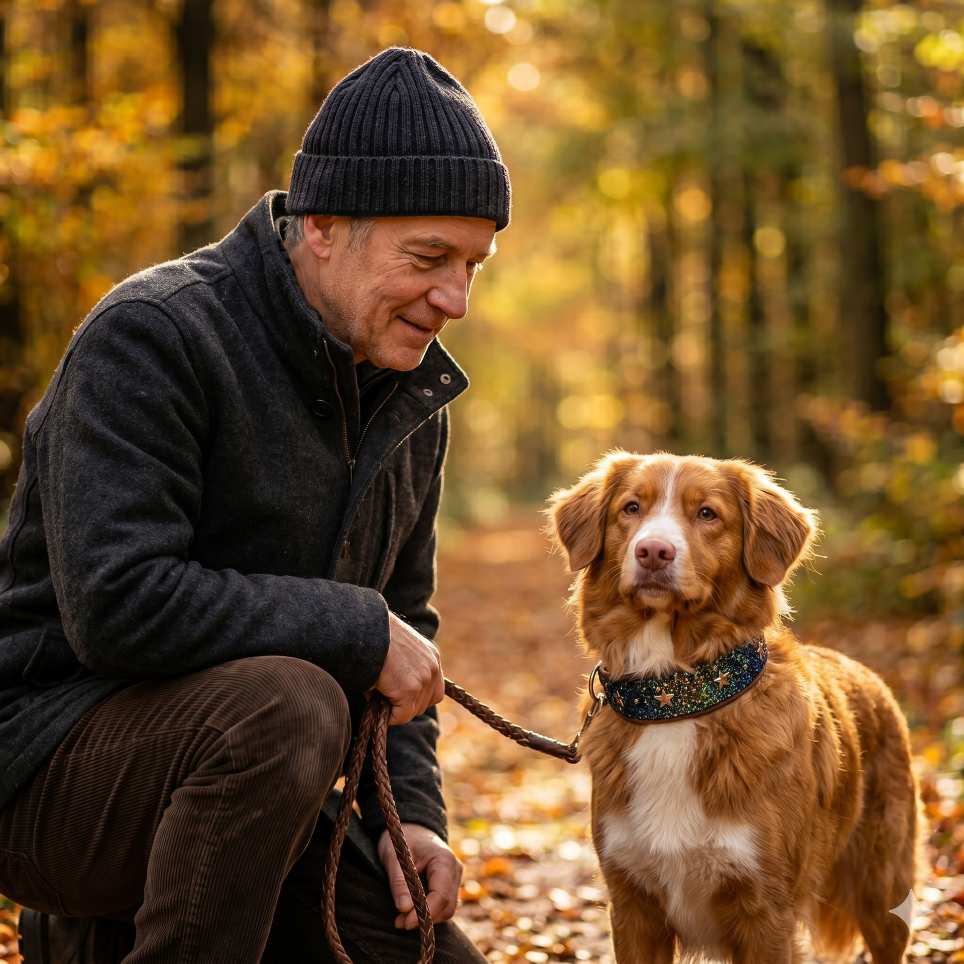 Ein Mann kniend neben seinem Hund