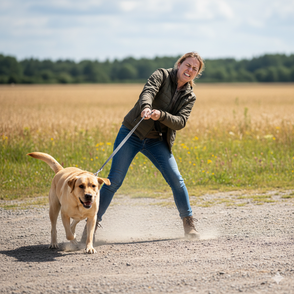 Ein Hund zieht an der Leine und die Frau hat Schmerzen dabei.