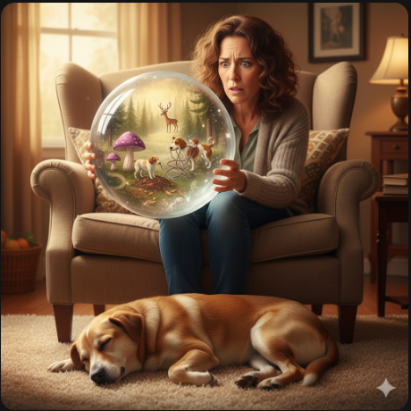 Eine Frau hält eine Kristallkugel in der Hand und sieht ihre nahe Zukunft. Metapher für Kopfkino.