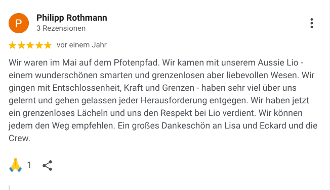 Rezension bei Google über den Pfoten-Pfad