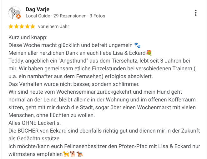 Rezension über den Pfoten-Pfad bei Google