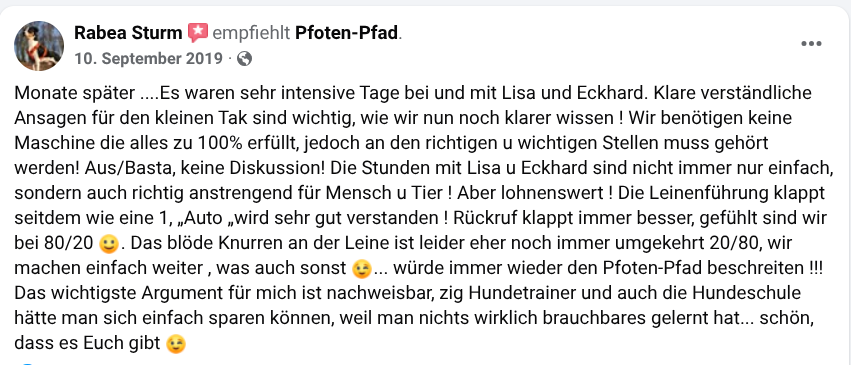 Rezension zum Pfoten-Pfad bei Facebook