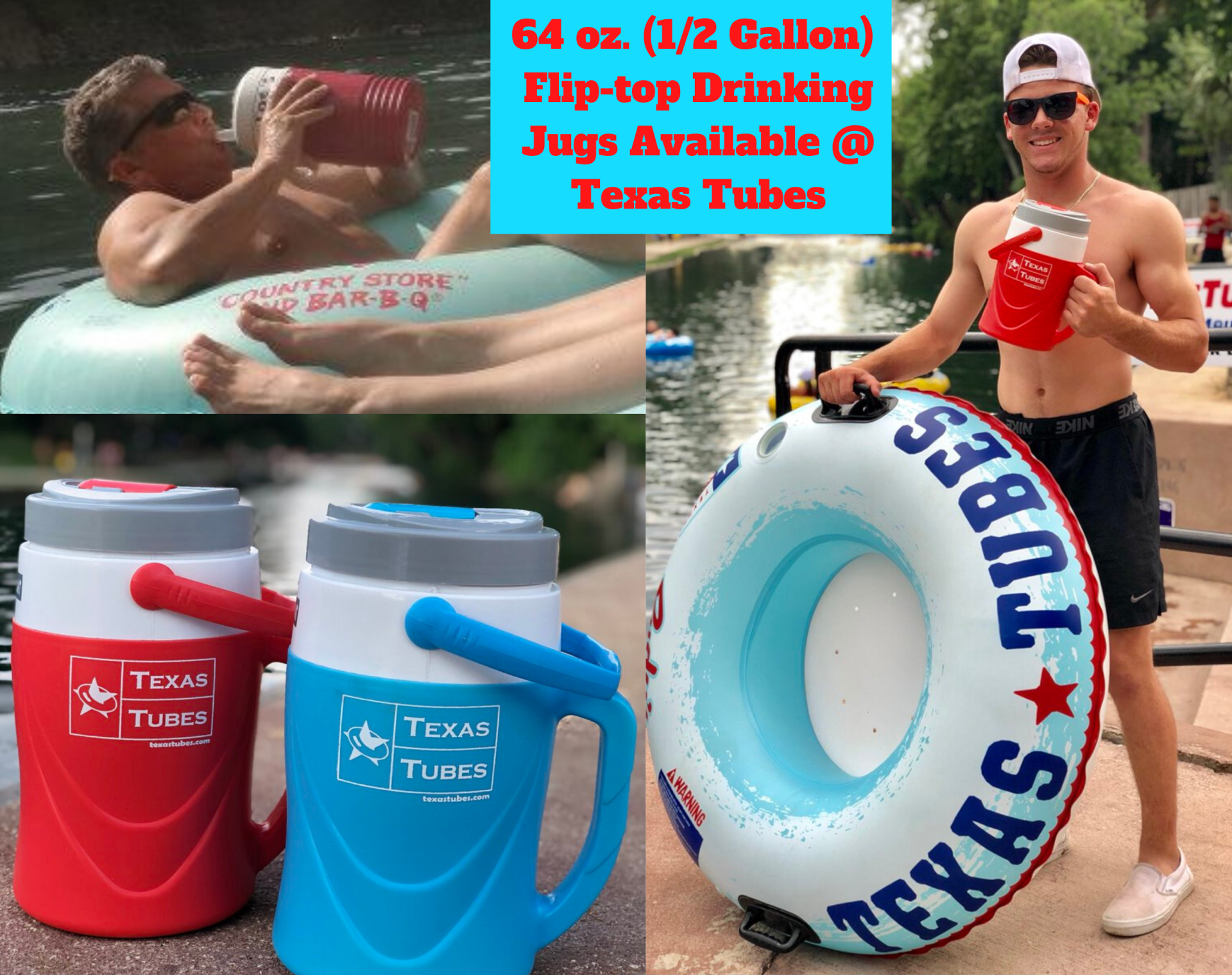 64oz Flip-top Drinking Jugs are legal and are the most popular way to drink your favorite beverage while river tubing and available for $15 each at the Texas Tubes Rental Counter. Bring your favorite beverages on the Comal River, including Alcohol and mixed drinks!