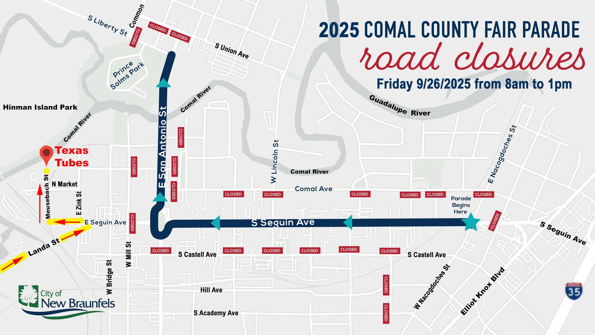 Road closure Map for the 2025 Comal County Fair Parade on Friday 9-26-25 from 8am to 1pm. Road closure Map for the 2025 Comal County Fair Parade on Friday 9-26-25 from 8am to 1pm.