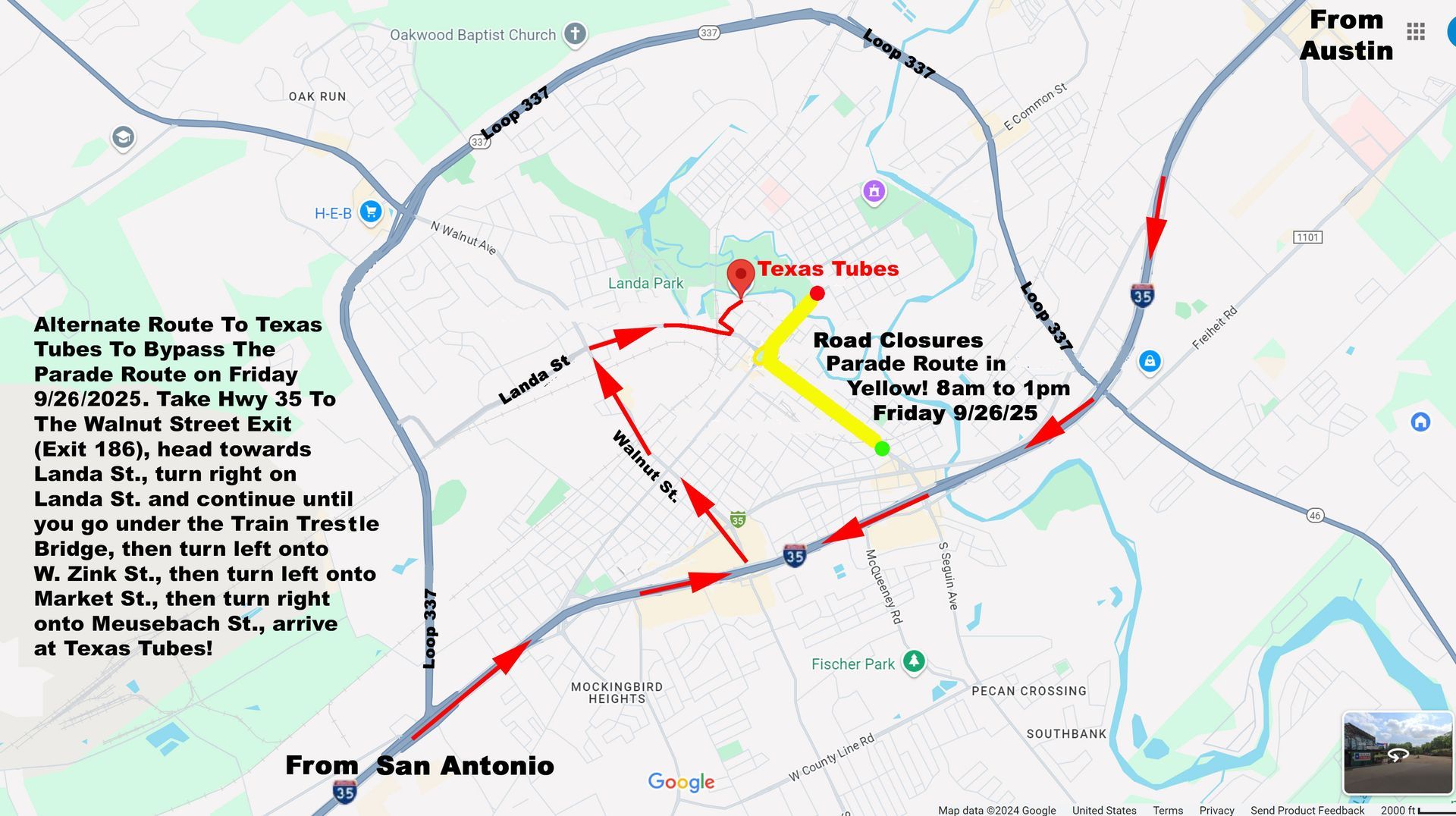 Detour Map to Texas Tubes to avoid Road Closures for the 2025 Comal County Fair Parade on Friday, 9/26/25 from 8am to 1pm Detour Map to Texas Tubes to avoid Road Closures for the 2025 Comal County Fair Parade on Friday, 9/26/25 from 8am to 1pm