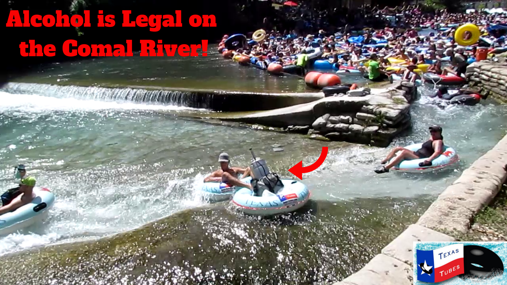 A Keg of Beer packed with ice on an inner tube floating down the Comal River in New Braunfels at Texas Tubes! Alcohol is Legal on the Comal River in New Braunfels at Texas Tubes - Keg of Beer