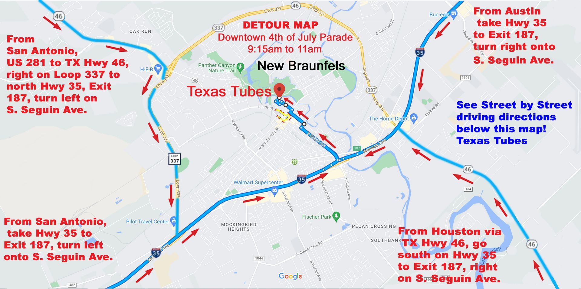 Detour Route Map to Texas Tubes 7-4-25 to avoid Street Closures for the 4th of July Parade Detour Route Map to Texas Tubes 7-4-25 to avoid Street Closures for the 4th of July Parade