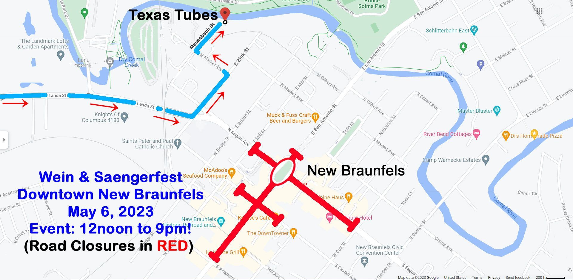 Close up of the NB Downtown Roundabout Area Street Closures in RED on 5-6-2023 Close up of the NB Downtown Roundabout Area Street Closures in RED on 5-6-2023