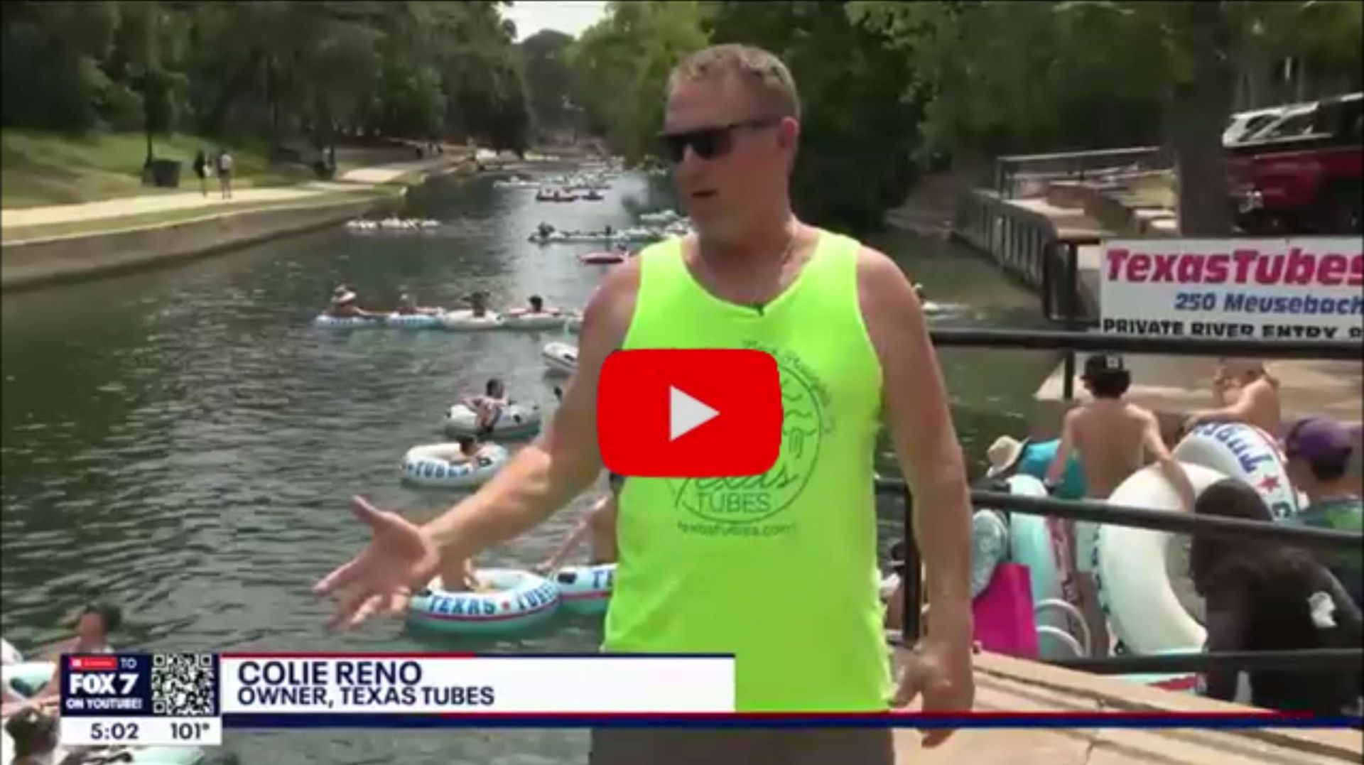 Colie Reno - owner of Texas Tubes being interviewed live on the Comal River by Carissa Lehmkuhl from Fox 7 Austin