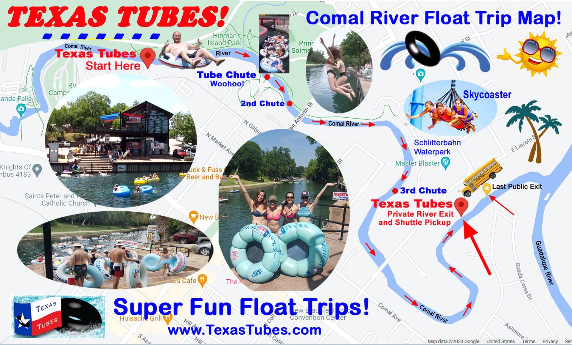 Comal River Tubing Float Trip Map, Comal River Tubing Map, New Braunfels Tubing Map, Float Trip Route - Texas Tubes River Map