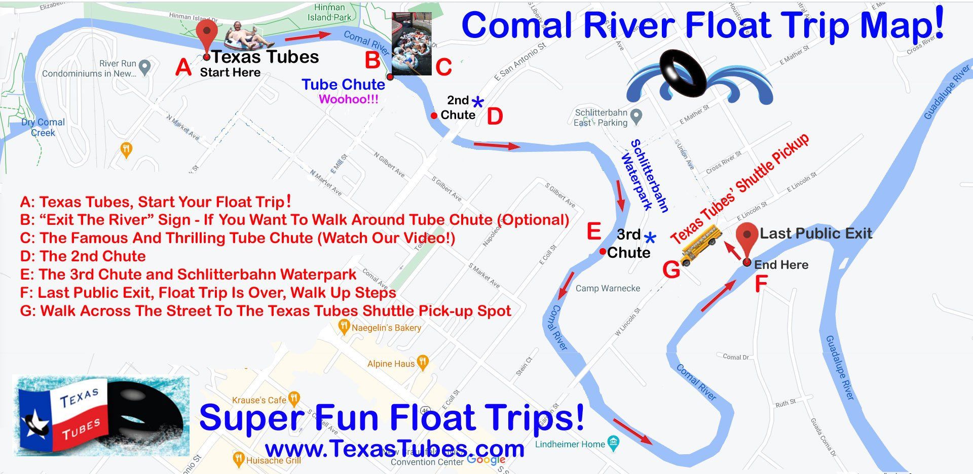 Comal River Float Trip Map with Texas Tubes - Float Trip Route around 2 hours long depending on river levels and if you stop to swim or picnic Comal River Float Trip Map with Texas Tubes - Float Trip Route around 2 hours long depending on river levels and if you stop to swim or picnic