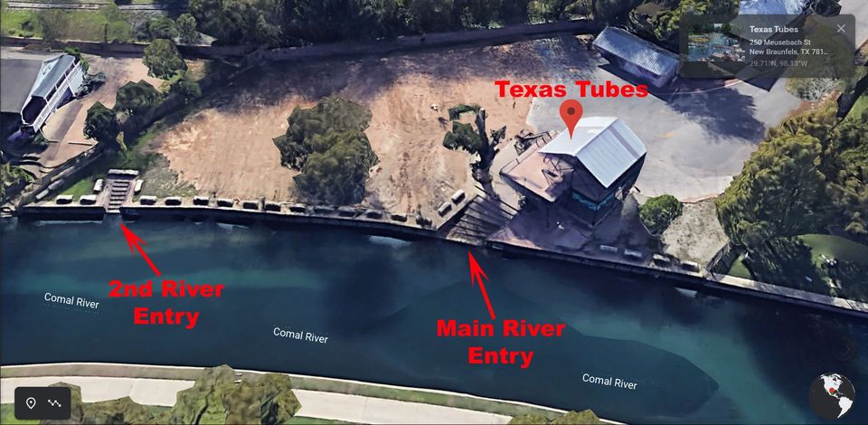 Aerial View of the 2 Private River Entries in the Texas Tubes Parking Lot