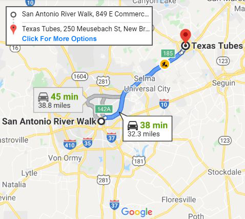 Google Map Driving Directions from San Antonio River Walk to Texas Tubes in New Braunfels