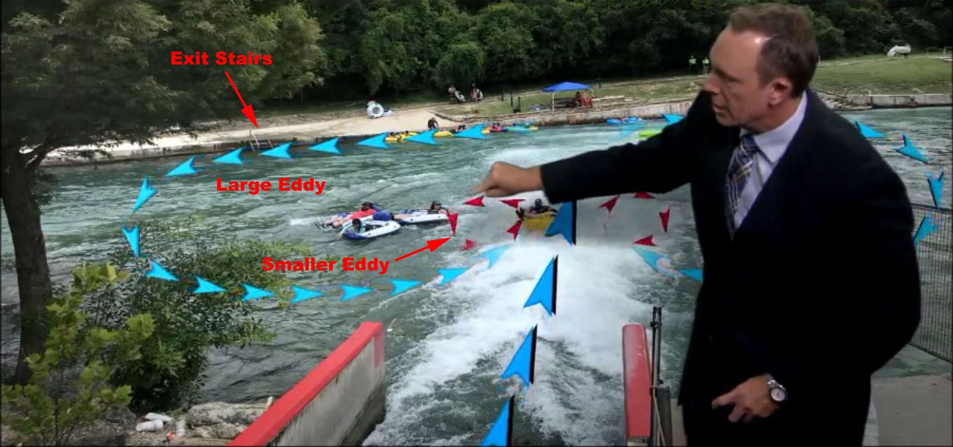 Example of the Eddys / currents coming out of the New Braunfels City Tube Chute Example of the Eddys / currents coming out of the New Braunfels City Tube Chute