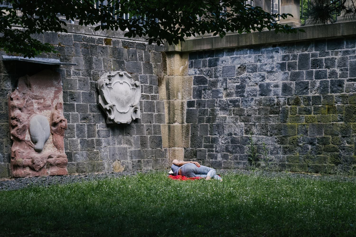 Frau liegt im Park zum Schlafen