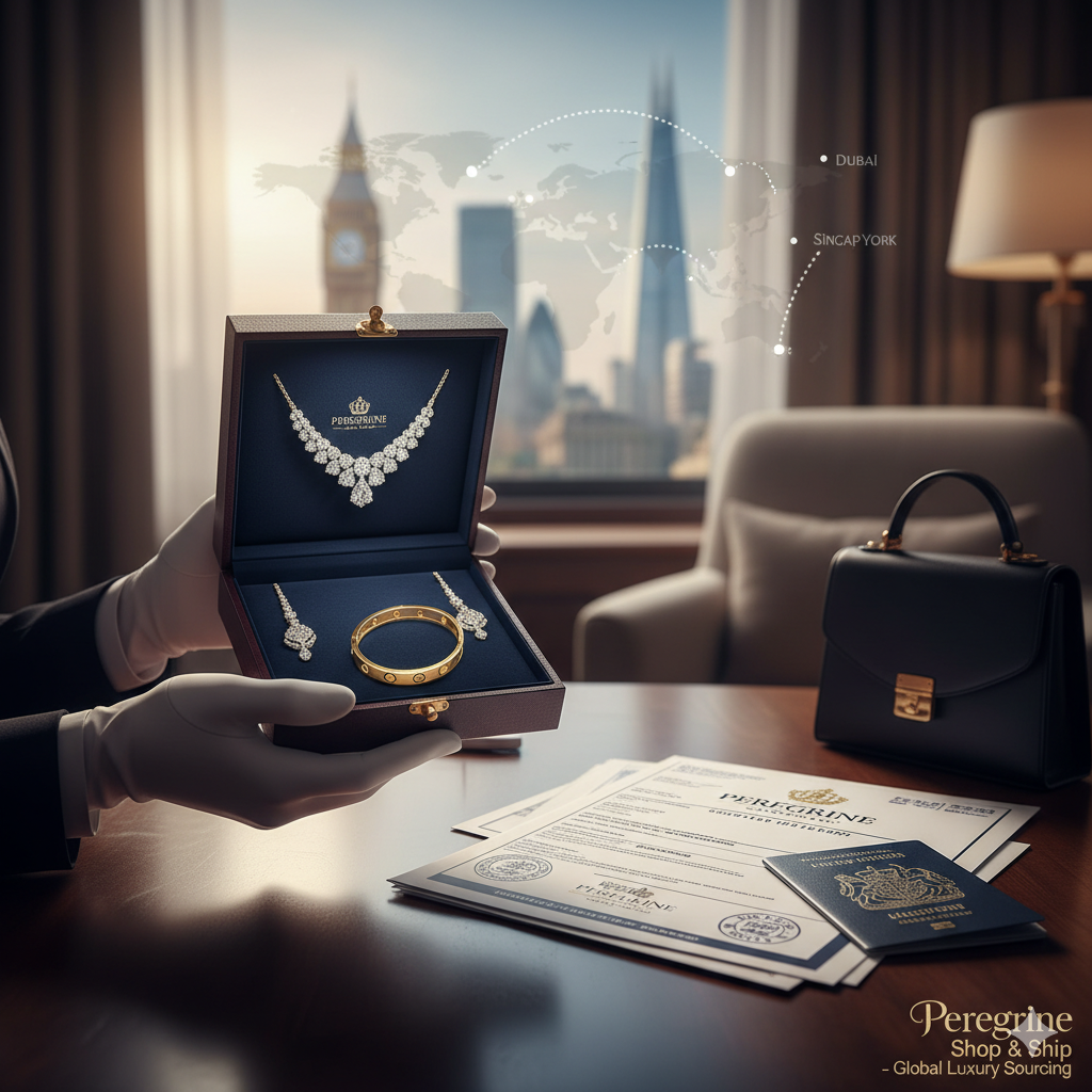 Peregrine Shop & Ship service image, illustrating a fully insured international delivery of high-value jewelry. Keywords: luxury personal shopper, diamond jewelry, Cartier bracelet international delivery, London shop and ship luxury goods, worldwide shipping. Luxury Jewelry Sourcing and Worldwide Shipping from London