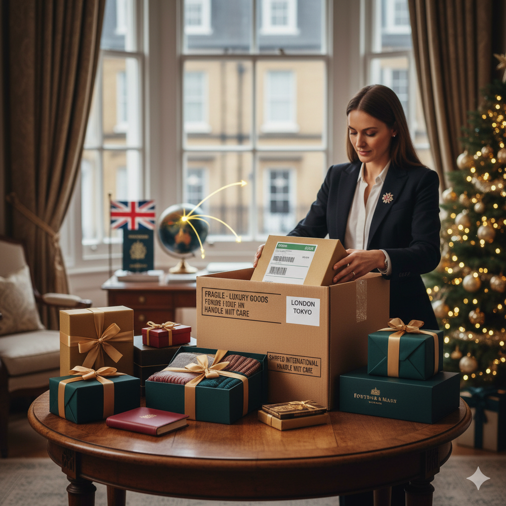 Elegant Christmas luxury gifts, including designer scarves and high-end accessories, being carefully