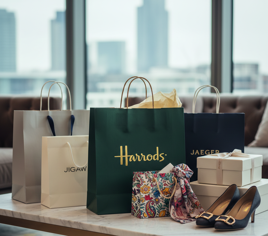 Luxury London shopping bags from Harrods and Jigsaw on a marble background.