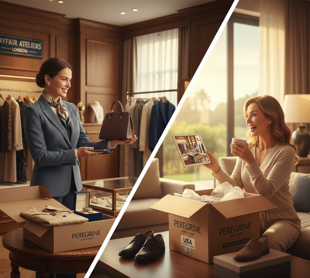 A split-screen image showing a professional luxury personal shopper in a London Mayfair boutique