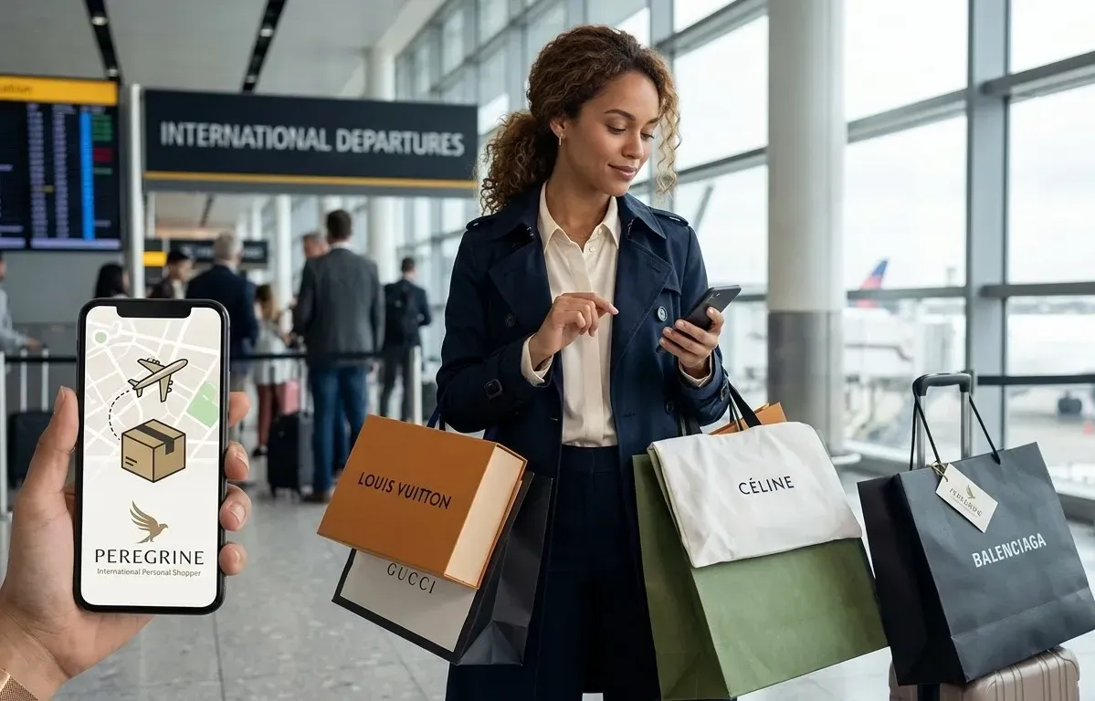 A woman in an international airport terminal holds premium shopping bags from high-end fashion brand